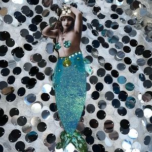 handcrafted wall plaque mixed media mermaid Victorian blue green rhinestone